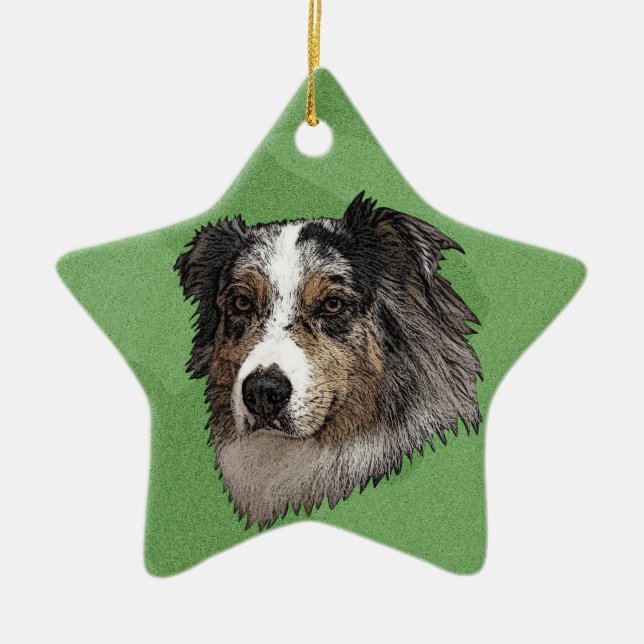 Merry Xmas Australian Shepherd Ceramic Tree Decoration (Front)