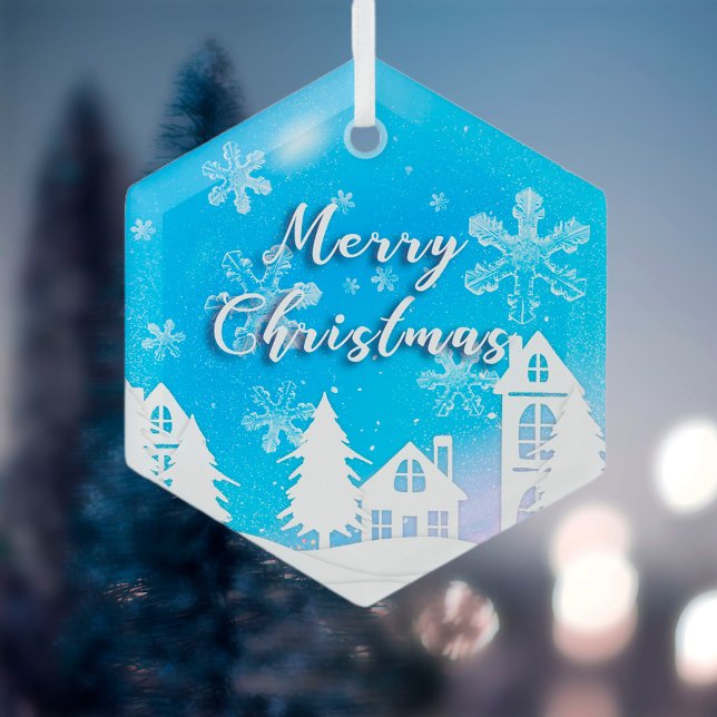 Merry Xmas Blue White House Snow Glass Tree Decoration (Creator Uploaded)