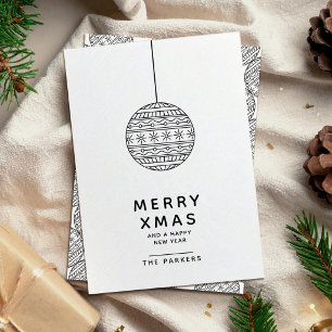 Merry Xmas card with black & white Christmas Ball