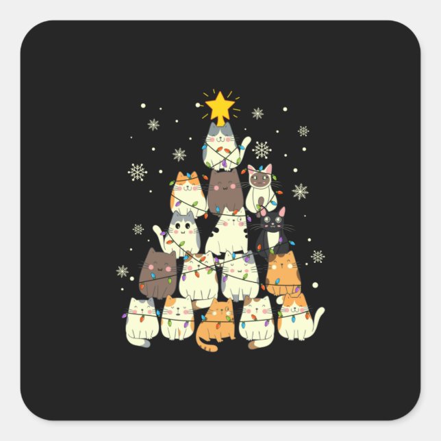 Merry Xmas Cat Christmas Tree Square Sticker (Front)