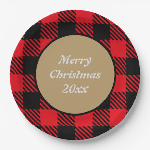 Merry Xmas Custom Buffalo plaid pattern black red  Paper Plate