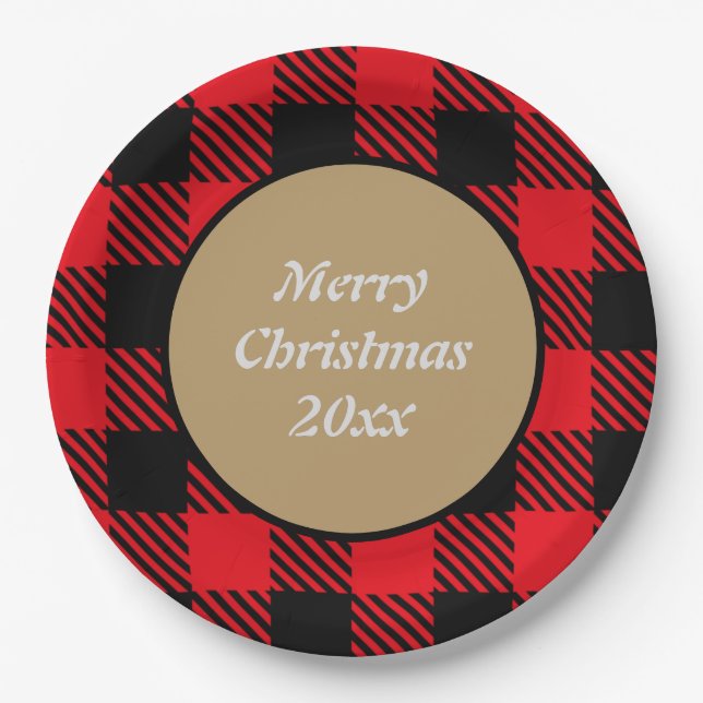 Merry Xmas Custom Buffalo plaid pattern black red  Paper Plate (Front)