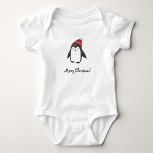 Merry Xmas Cute Happy Penguin in Red Winter Hat Baby Bodysuit