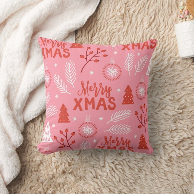 Merry Xmas Cute Pink Retro Botanical Christmas  Cushion (Blanket)