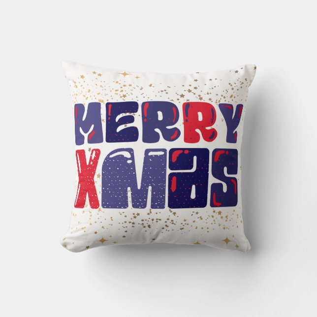 Merry Xmas Cute Red Blue Gold Cushion (Front)