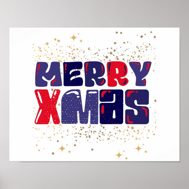 Merry Xmas Cute Red Blue Gold Poster (Front)