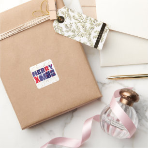 Merry Xmas Cute Red Blue Gold Square Sticker