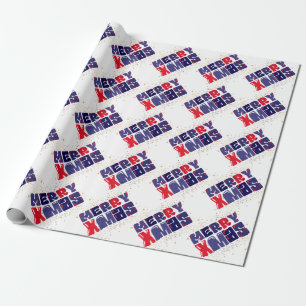 Merry Xmas Cute Red Blue Gold Wrapping Paper