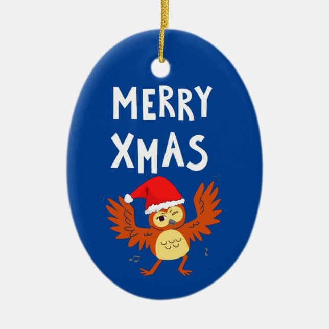 Merry Xmas Dancing Owl   Ceramic Tree Decoration (Front)