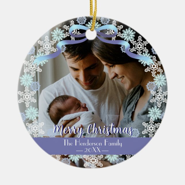 Merry Xmas Family Photo Name Light Blue Purple  Ceramic Tree Decoration (Front)