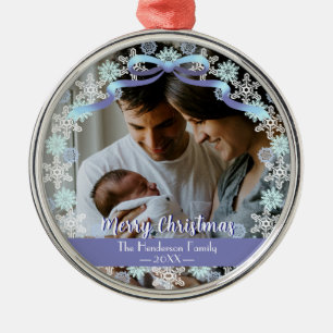 Merry Xmas Family Photo Name Light Blue Purple   Metal Tree Decoration