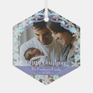 Merry Xmas Family Photo Name Soft Blue Purple Tone Glass Tree Decoration