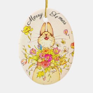 Merry Xmas flower&rabbit Ceramic Tree Decoration