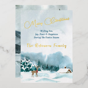 Merry Xmas Gold Letters Watercolor Winter Scape Foil Holiday Card