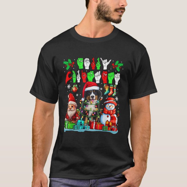 Merry Xmas Hands Sign Language Santa Bernese Mount T-Shirt (Front)