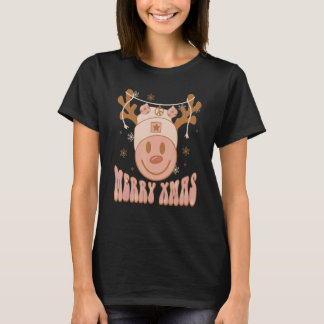 Merry Xmas Happy Face Reindeer Retro Christmas Cut T-Shirt