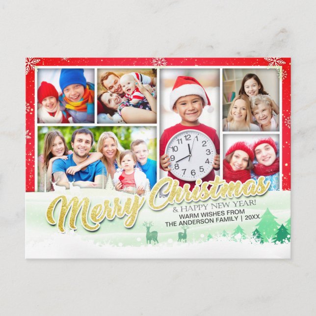 Merry Xmas Happy New Year Greeting 6 Photo Collage Holiday Postcard (Front)