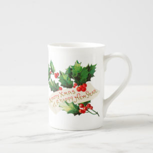 Merry Xmas & Happy New Year Holly Bone China Mug