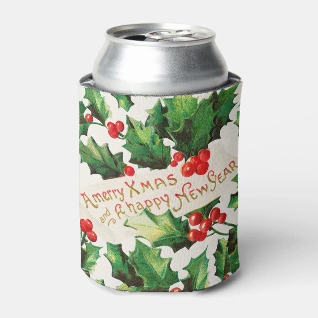 Merry Xmas & Happy New Year Holly Can Cooler (Can Front)