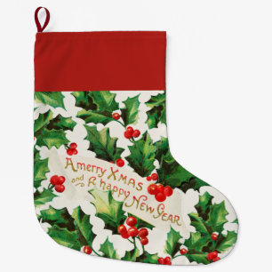 Merry Xmas & Happy New Year Holly  Large Christmas Stocking