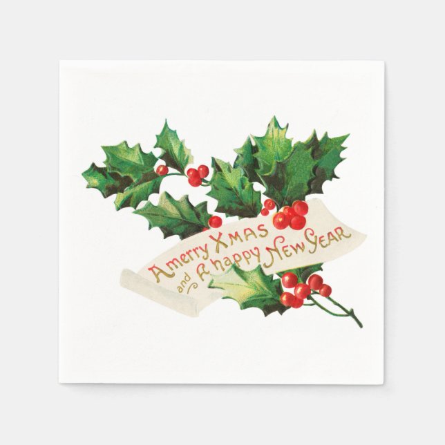 Merry Xmas & Happy New Year Holly Napkin (Front)