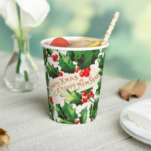 Merry Xmas & Happy New Year Holly Paper Cups