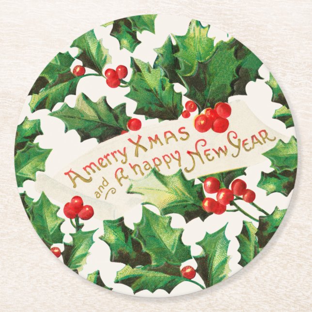 Merry Xmas & Happy New Year Holly  Round Paper Coaster (Front)