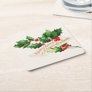Merry Xmas & Happy New Year Holly Square Paper Coaster