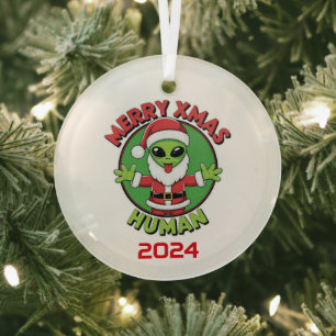 Merry Xmas Humans Glass Tree Decoration
