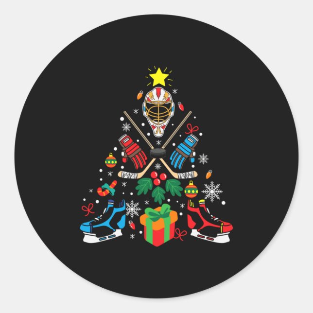 Merry Xmas Ice Hockey Christmas Tree Classic Round Sticker (Front)