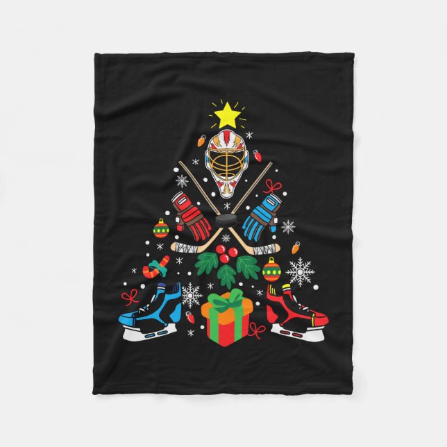 Merry Xmas Ice Hockey Christmas Tree Fleece Blanket (Front)