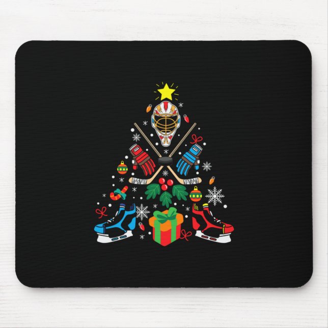 Merry Xmas Ice Hockey Christmas Tree Mouse Mat (Front)