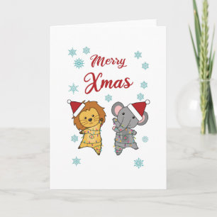 Merry Xmas Lion Elfeant Snow Winter Cute Card