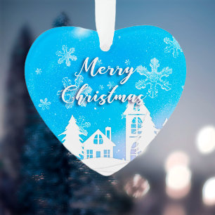 Merry Xmas New Year 2023 Blue White House Snow Ornament