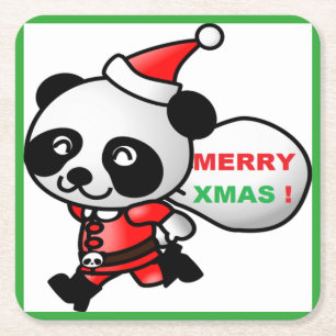 "MERRY XMAS" PANDA BEAR SANTA SQUARE PAPER COASTER