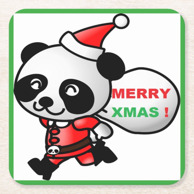 "MERRY XMAS" PANDA BEAR SANTA SQUARE PAPER COASTER (Front)