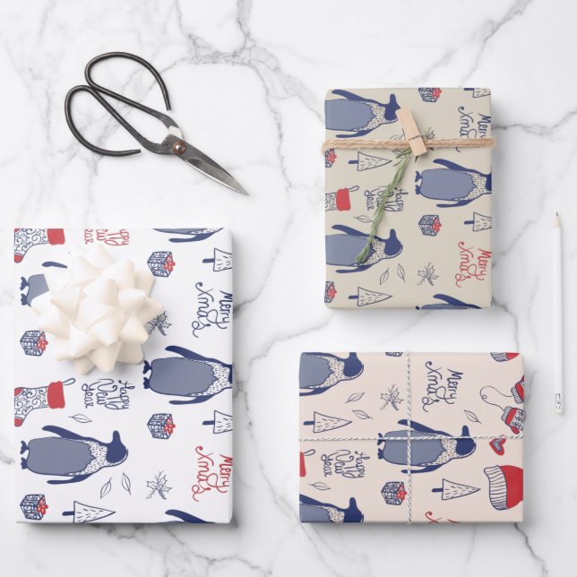 Merry Xmas Penguin Christmas Hats Gloves Pattern Wrapping Paper Sheet (Front)