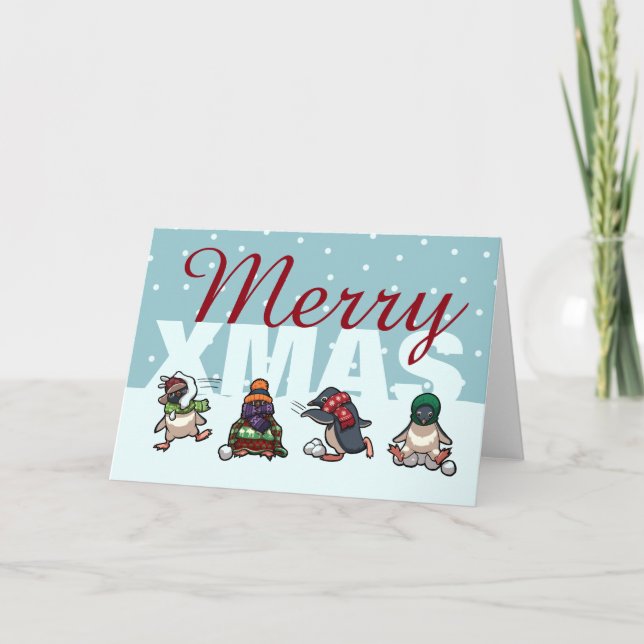 Merry Xmas Penguin Christmas Snowball Cartoon Holiday Card (Front)