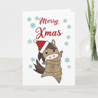 Merry Xmas Ponny Horse Snow Fairy Lights Animals Card
