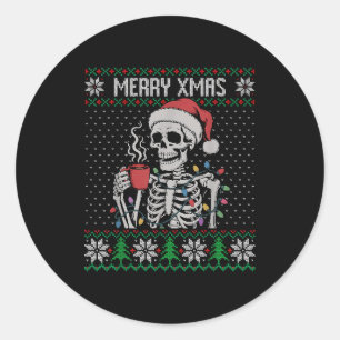 Merry Xmas Skeleton Ugly Sweater, Skull Wearing Sa Classic Round Sticker