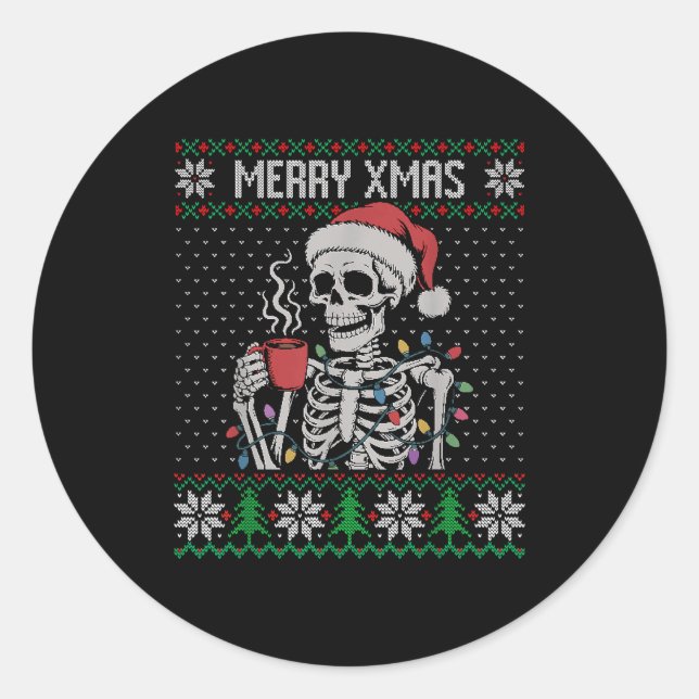 Merry Xmas Skeleton Ugly Sweater, Skull Wearing Sa Classic Round Sticker (Front)