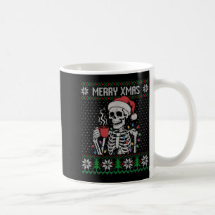 Merry Xmas Skeleton Ugly Sweater, Skull Wearing Sa Coffee Mug