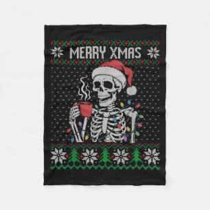 Merry Xmas Skeleton Ugly Sweater, Skull Wearing Sa Fleece Blanket