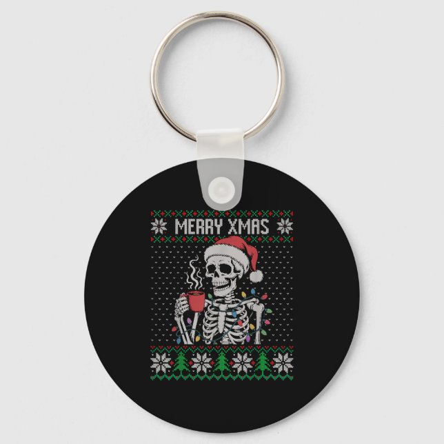Merry Xmas Skeleton Ugly Sweater, Skull Wearing Sa Key Ring (Front)