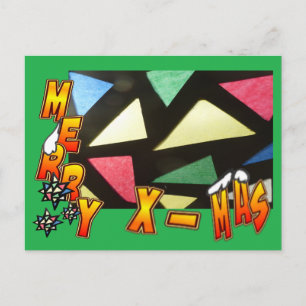 Merry Xmas Stained Glass Pattern & Stars Postcard