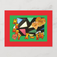 Merry Xmas Stained Glass with Leaves Red Postcard