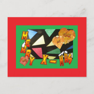 Merry Xmas Stained Glass with Leaves Red Postcard