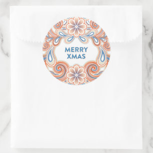 Merry Xmas sticker with blue and orange flowers