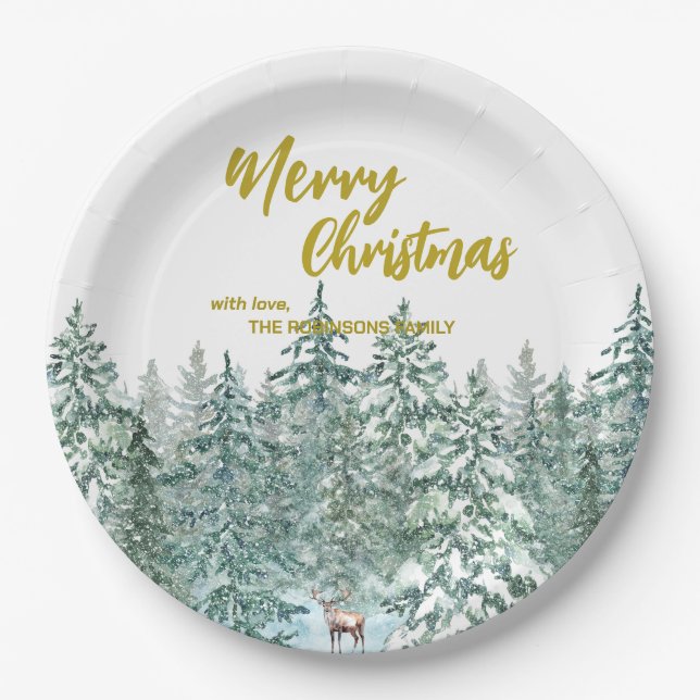 Merry xmas trees forest Modern Gold script Holiday Paper Plate (Front)