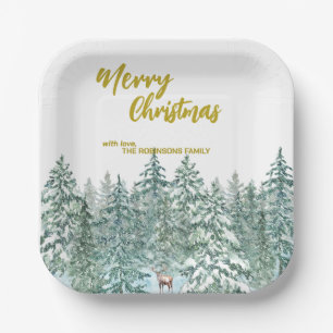Merry xmas trees forest Modern Gold script Holiday Paper Plate